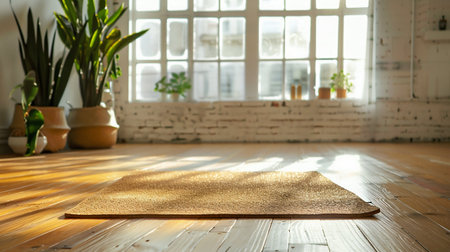 Warm Sunlight Casting Shadows in a Cozy Room with Yoga Mat. Generative ai. High quality illustrationの素材