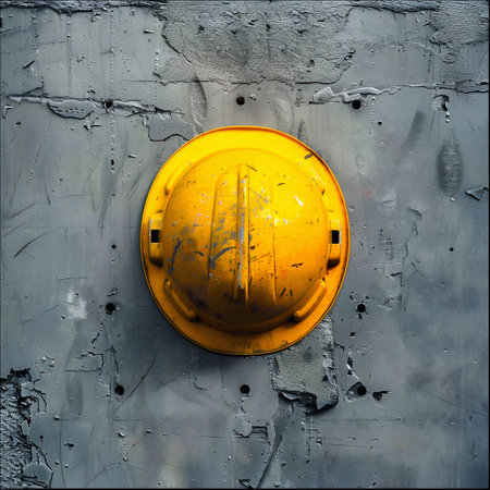 Worn Yellow Hard Hat on Industrial Background. Generative ai. High quality illustrationの素材