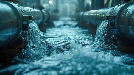 Dynamic Water Flow in Pipeline at Sunset. Generative ai. High quality illustrationの素材