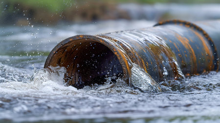 Dynamic Water Flow in Pipeline at Sunset. Generative ai. High quality illustrationの素材