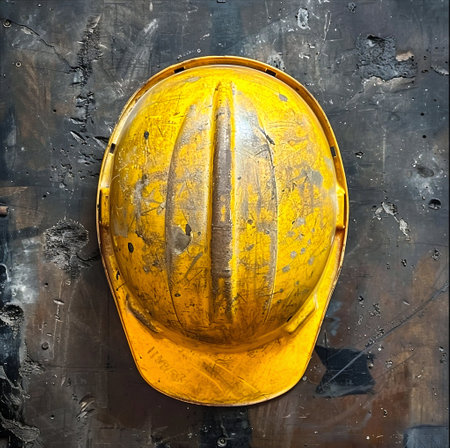 Worn Yellow Hard Hat on Industrial Background. Generative ai. High quality illustrationの素材