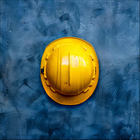 Worn Yellow Hard Hat on Industrial Background. Generative ai. High quality illustrationの素材