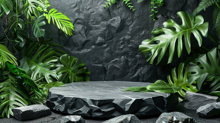 Black Stone Podium Surrounded by Lush Greenery for Product Display. Generative ai. High quality illustrationの素材