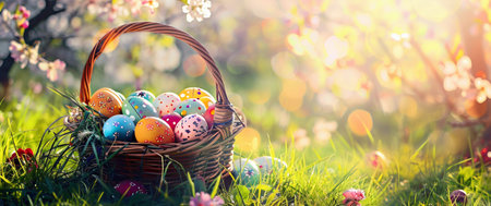 Easter Celebration with Colorful Painted Eggs in a Basket on Sunny Grass. Generative ai. High quality illustrationの素材