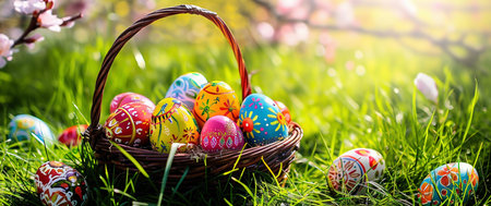 Easter Celebration with Colorful Painted Eggs in a Basket on Sunny Grass. Generative ai. High quality illustrationの素材