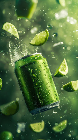 Refreshing Lime Soda Can in a Burst of Water Droplets. Generative ai. High quality illustrationの素材