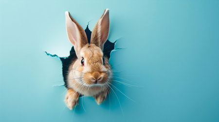 Curious Rabbit Peeking Through a Torn Blue Paper Wall. Generative ai. High quality illustrationの素材