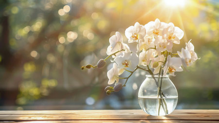 Serene Morning: White Orchids Basking in Sunlight. Generative ai. High quality illustrationの素材