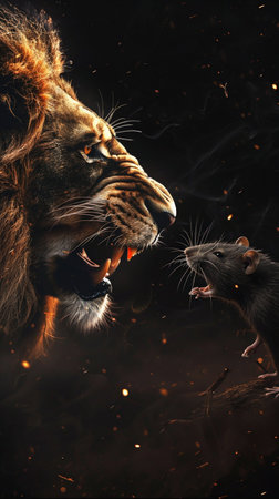 Confrontation of Lion and Rat on Black Background. Generative ai. High quality illustrationの素材
