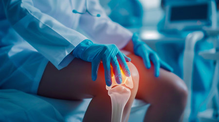 Physician Examining Patient's Knee Joint in Clinic. Generative ai. High quality illustrationの素材