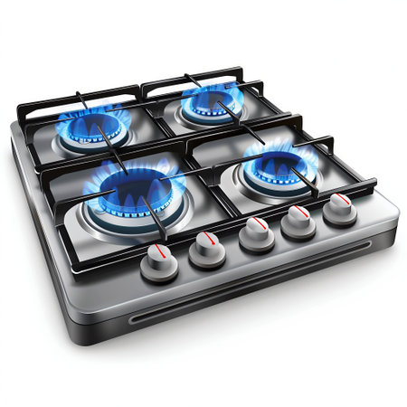 Modern Gas Stove Top with Blue Flames Isolated on White. Generative ai. High quality illustrationの素材
