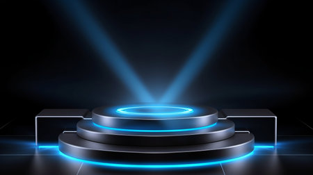 Futuristic Blue Neon Light Stage. Generative ai. High quality illustrationの素材