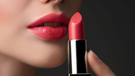 Applying Coral Lipstick on Pouty Lips. Generative ai. High quality illustrationの素材