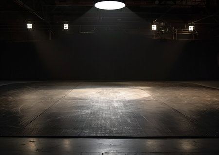 Spotlit Wrestling Mat in an Empty Arena. Generative ai. High quality illustrationの素材