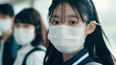 Schoolgirls with Protective Masks Returning to School. Generative ai. High quality illustrationの素材