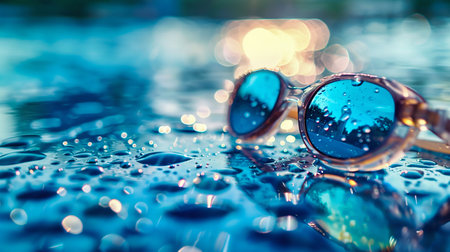 Swimming Goggles with Water Drops on Poolside. Generative ai. High quality illustrationの素材