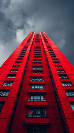 Striking Red Skyscraper Against Moody Sky. Generative ai. High quality illustrationの素材