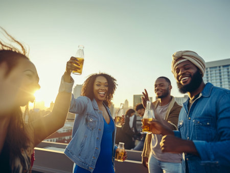 Sunset Celebration with Friends on Rooftop. Generative ai. High quality illustrationの素材