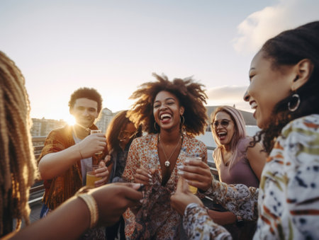 Sunset Celebration with Friends on Rooftop. Generative ai. High quality illustrationの素材
