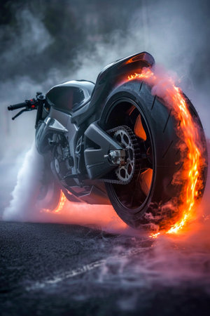 Blazing Speed: Motorcycle Tire Ignited in Flames. Generative ai. High quality illustrationの素材