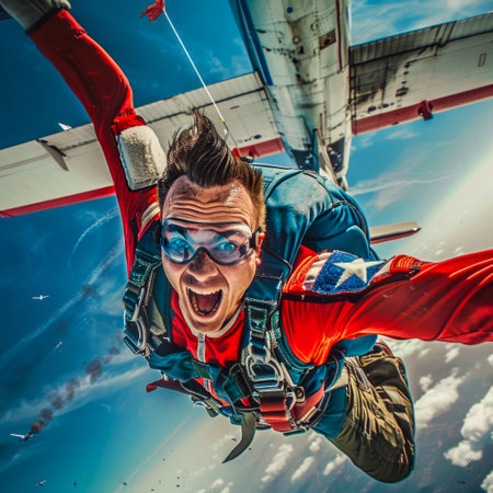 Skydiver in Freefall Excitement Above the Clouds. Generative ai. High quality illustrationの素材