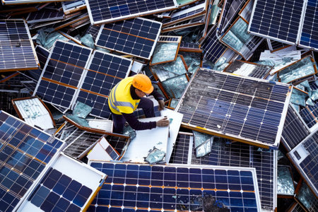 Worker Sorting Through Damaged Solar Panels for Recycling. Generative ai. High quality illustrationの素材