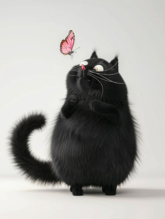 Charming Fluffy Black Kitten with Playful Butterflies. Generative ai. High quality illustrationの素材