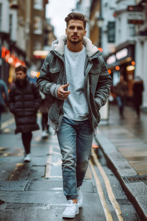 Stylish Man Walking Confidently in Urban Street. Generative ai. High quality illustrationの素材