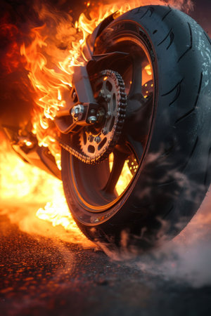 Motorcycle in Full Throttle with Fiery Wheel. Generative ai. High quality illustrationの素材