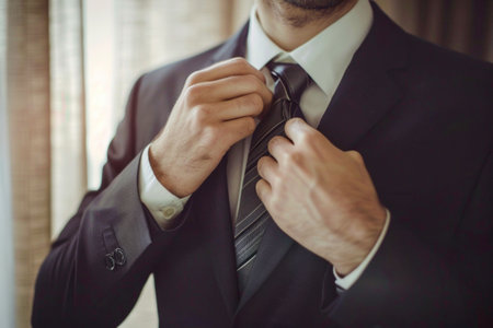 Businessman Perfecting His Tie. Generative ai. High quality illustrationの素材