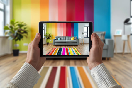 Modern Interior Design Through Tablet Screen. Generative ai. High quality illustrationの素材