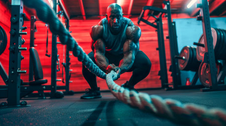 Intense Workout with Battle Ropes in a Gym. Generative ai. High quality illustrationの素材