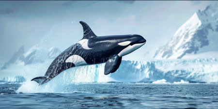 Majestic Orca Whales Leaping in the Arctic Ocean. Generative ai. High quality illustrationの素材