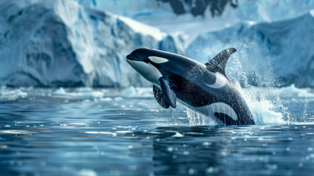 Majestic Orca Whales Leaping in the Arctic Ocean. Generative ai. High quality illustrationの素材