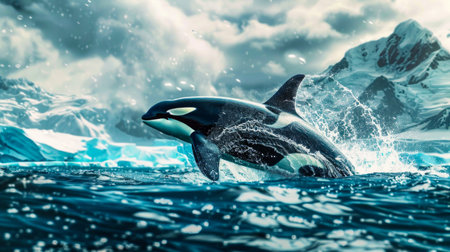 Majestic Orca Whales Leaping in the Arctic Ocean. Generative ai. High quality illustrationの素材