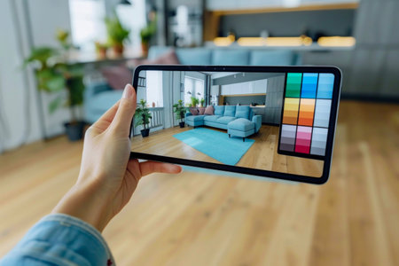 Modern Interior Design Through Tablet Screen. Generative ai. High quality illustrationの素材