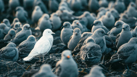 Stand Out in the Crowd: Solitary White Pigeon Among Gray. Generative ai. High quality illustrationの素材