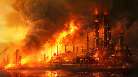 Industrial Pollution and Flaring in Oil Refinery at Dusk. Generative ai. High quality illustrationの素材