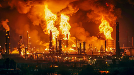 Industrial Pollution and Flaring in Oil Refinery at Dusk. Generative ai. High quality illustrationの素材