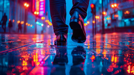 Neon-Lit Journey: A Walk Through the Urban Nightscape. Generative ai. High quality illustrationの素材