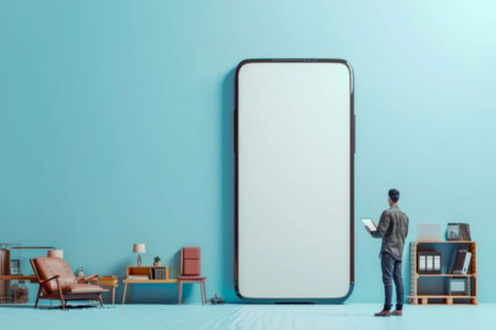 Man Engaged with a Giant Smartphone in Modern Interior. Generative ai. High quality illustrationの素材