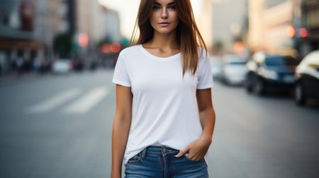 Urban Fashion: Woman in a Plain White T-Shirt in the City. Generative ai. High quality illustrationの素材