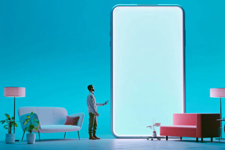 Man Engaged with a Giant Smartphone in Modern Interior. Generative ai. High quality illustrationの素材