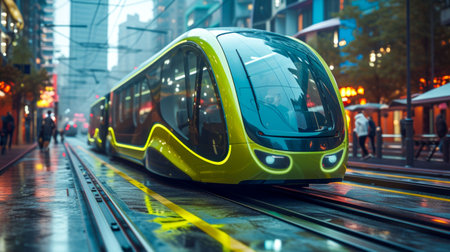 Futuristic Electric Tram Gliding Through the City Streets. Generative ai. High quality illustrationの素材