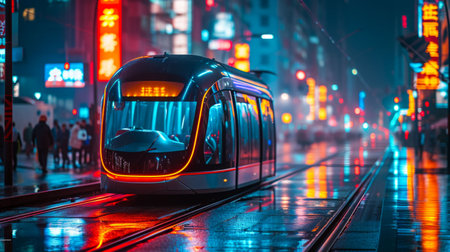 Futuristic Electric Tram Gliding Through the City Streets. Generative ai. High quality illustrationの素材