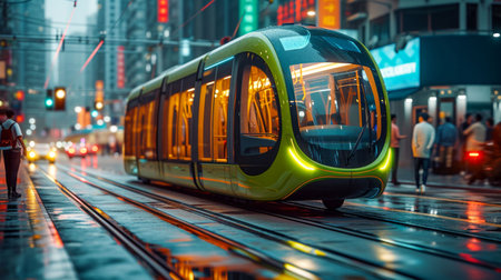 Futuristic Electric Tram Gliding Through the City Streets. Generative ai. High quality illustrationの素材