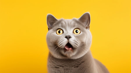 Surprised British Shorthair Cat on Yellow Background. Generative ai. High quality illustrationの素材