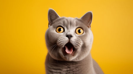 Surprised British Shorthair Cat on Yellow Background. Generative ai. High quality illustrationの素材