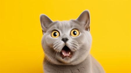 Surprised British Shorthair Cat on Yellow Background. Generative ai. High quality illustrationの素材