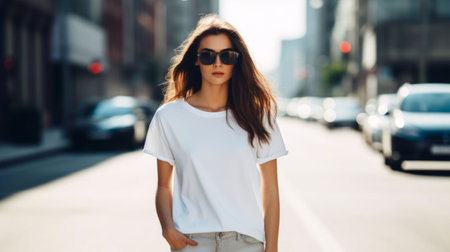 Urban Fashion: Woman in a Plain White T-Shirt in the City. Generative ai. High quality illustrationの素材